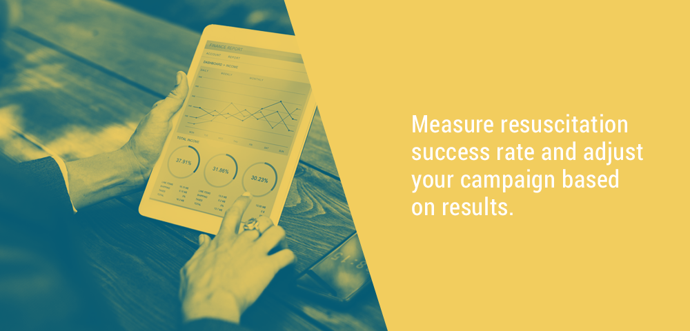 Hand holding a tablet showing charts beside the words measure resuscitation success rate and adjust your campaign based on results