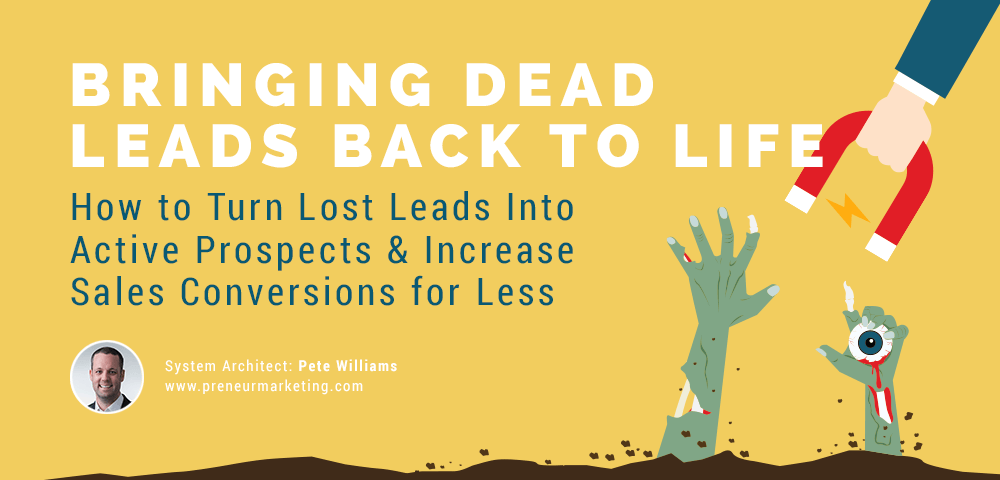 Bringing Dead Leads Back to Life blog banner by Pete Williams of Preneur Marketing on yellow background