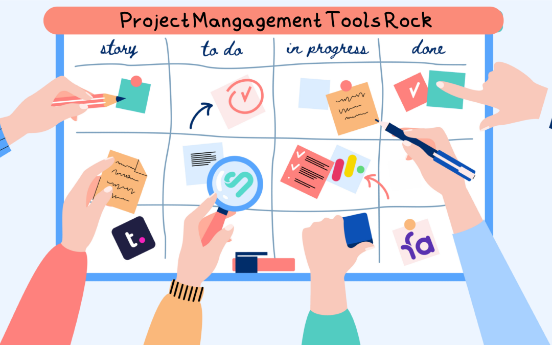Illustrated kanban board titled 'Project Management Tools Rock' with columns story, to do, in progress, and done, featuring app logos including Todoist and Favro