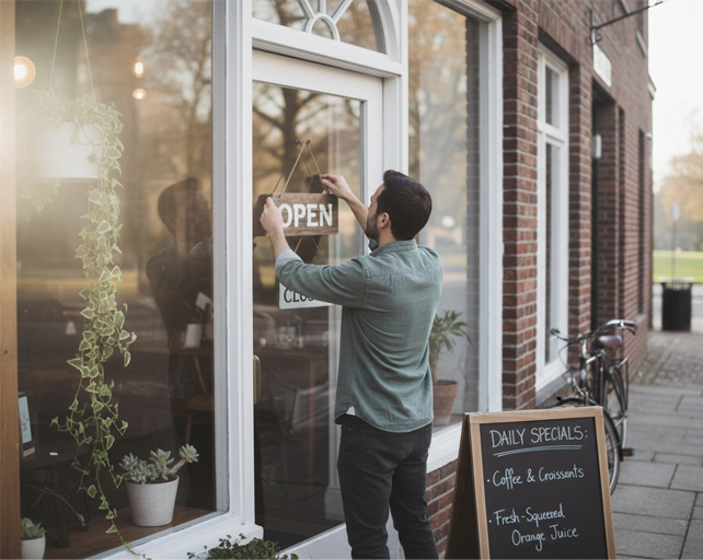 Cafe owner turning the sign on the front door to open
