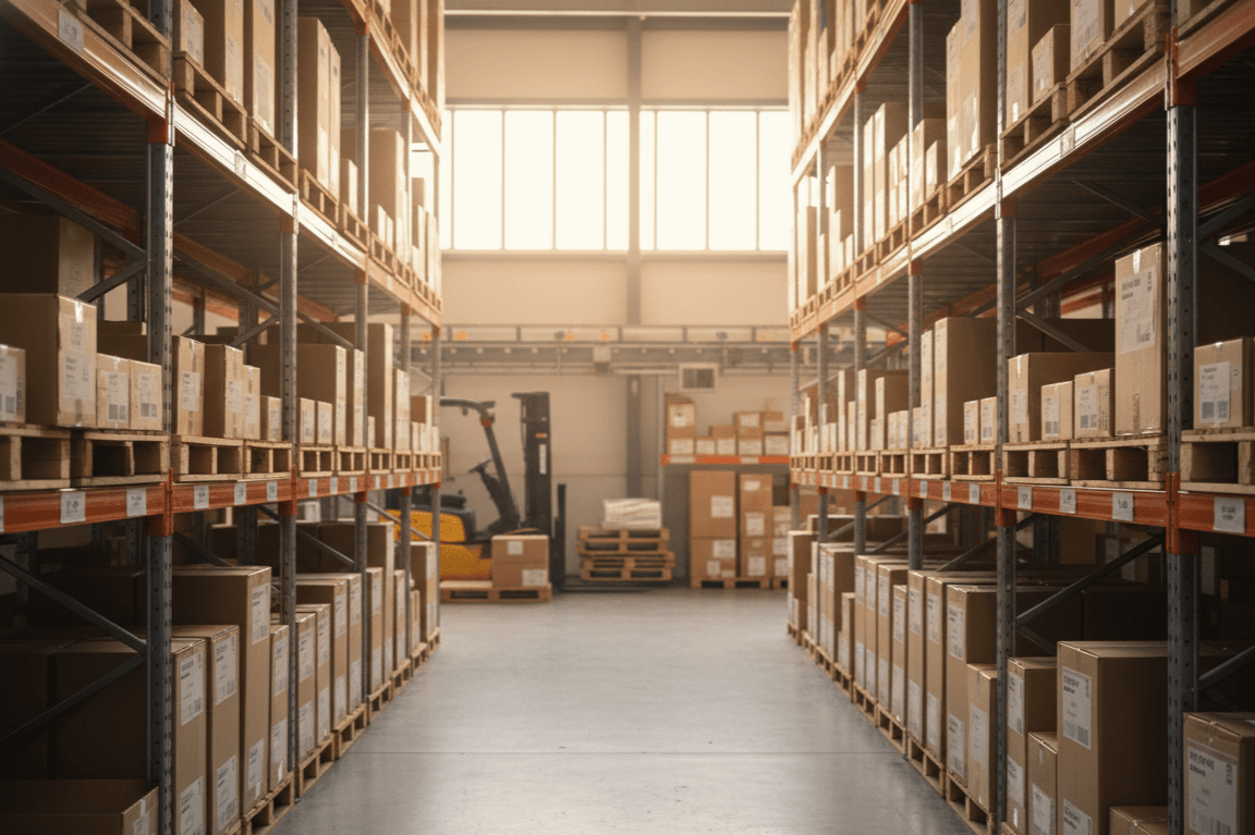 Rows of neatly organised boxes on warehouse shelves