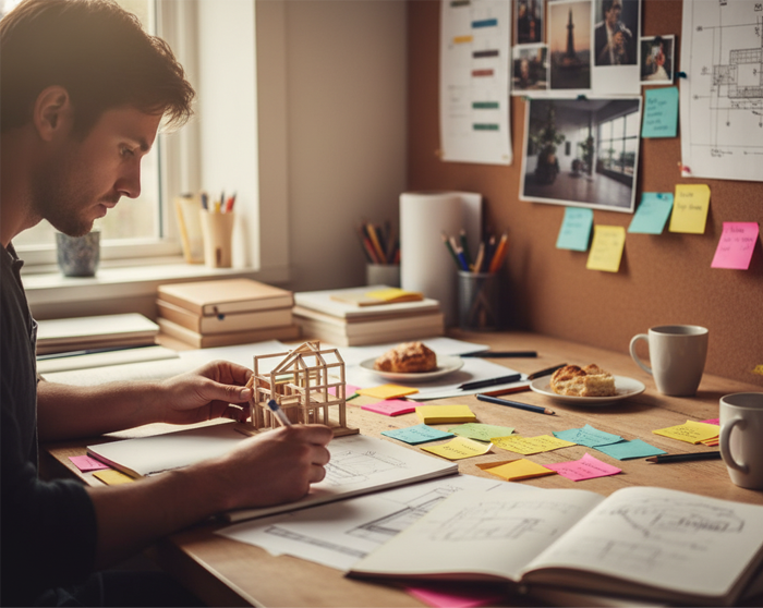 Man working through sketches and notes at a desk covered in sticky notes