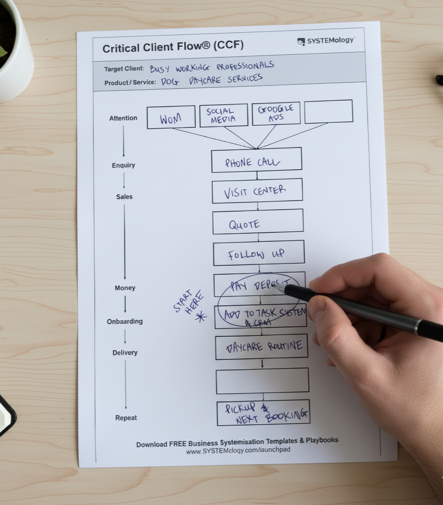 A completed Critical Client Flow template, filled in by hand for a dog daycare business