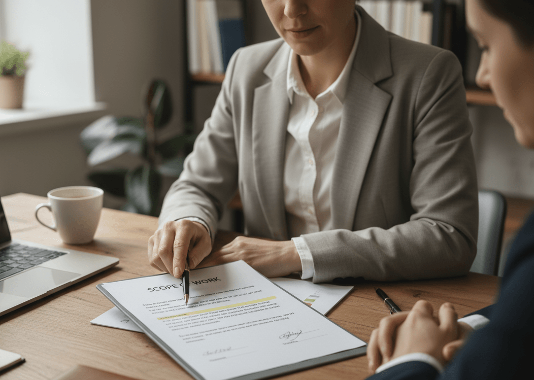 Consultant and client reviewing a signed scope of works document at a desk