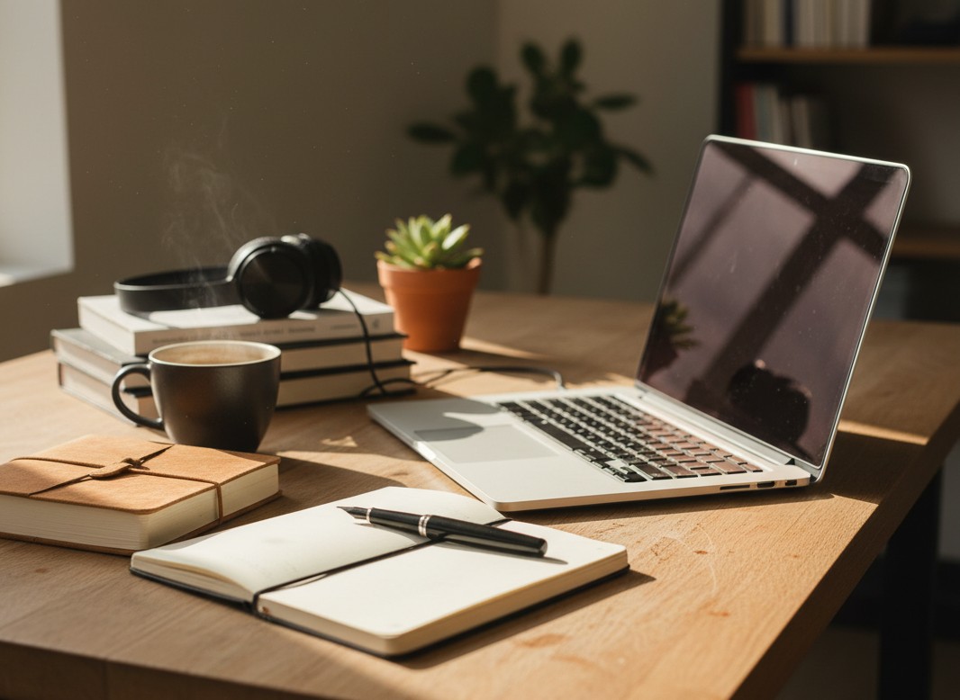 laptop on busy work desk