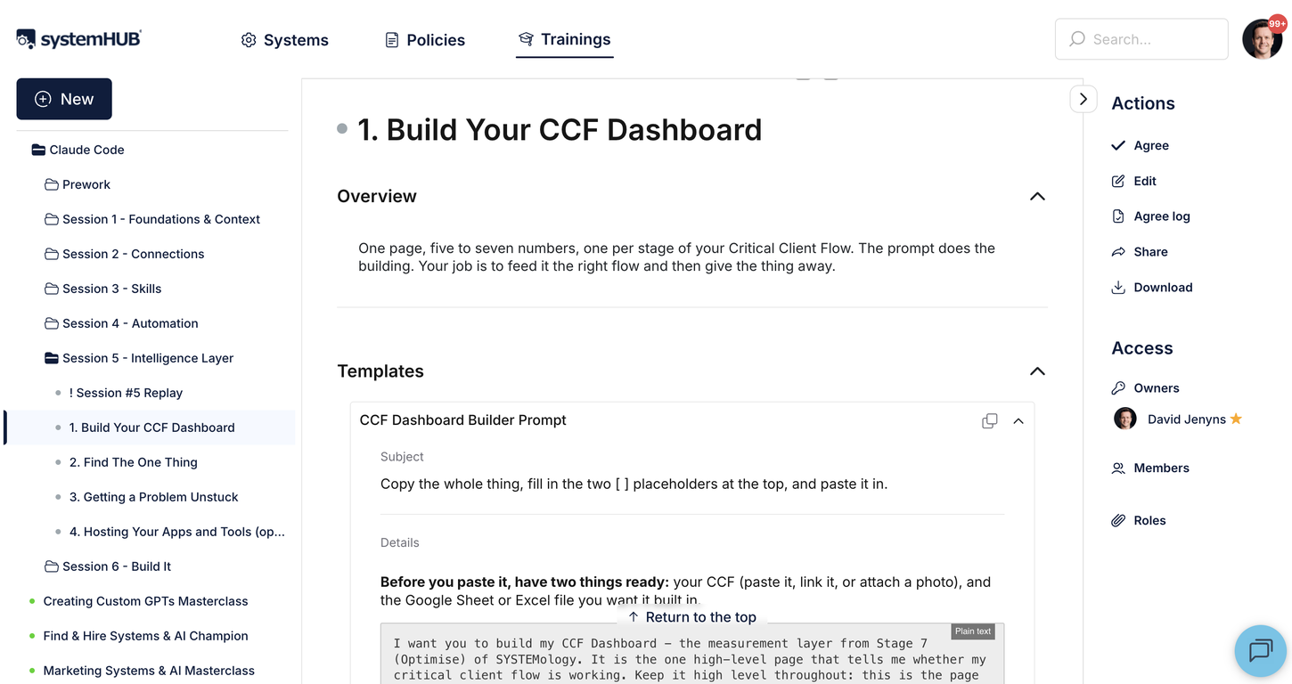 A lesson inside systemHUB with its prompt attached as a template, ready to copy