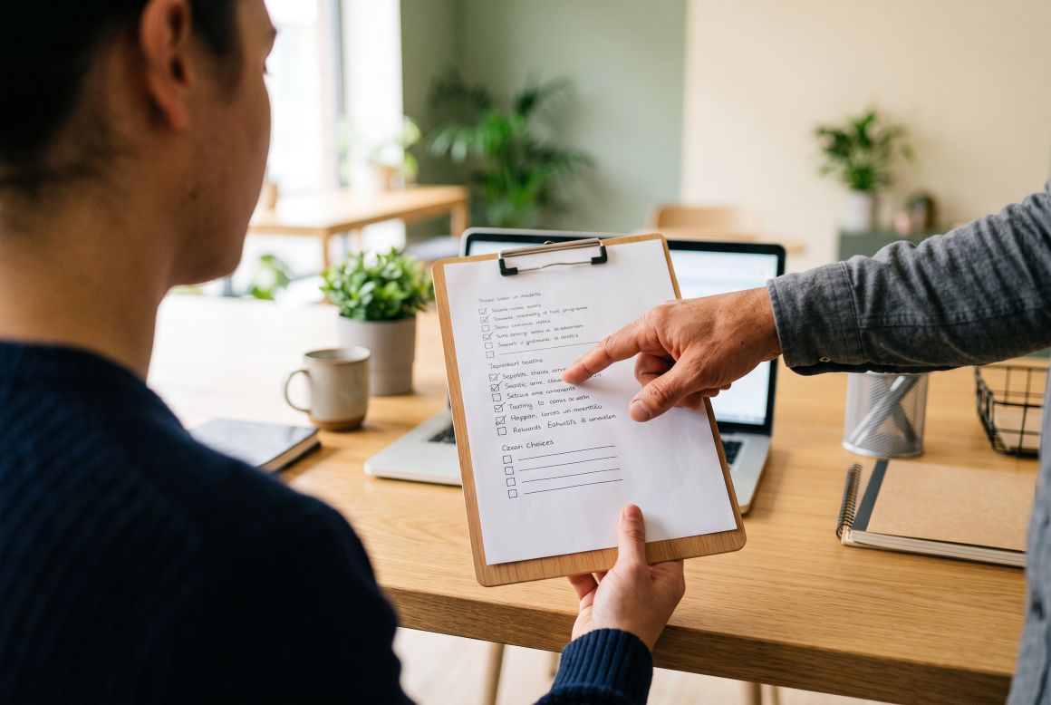 New team member holding a checklist on a clipboard while a colleague points to the next step