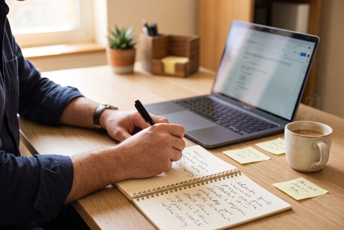 Person at a desk writing steps in a spiral notebook beside an open laptop and sticky notes